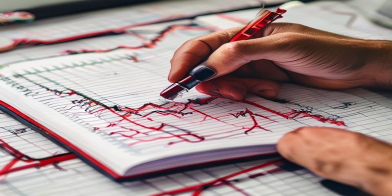 trader journal notebook with handwritten entries and red ink annotations
